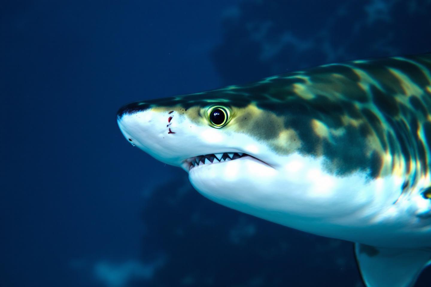 Requin blanc à la mâchoire ouverte dans un océan bleu profond