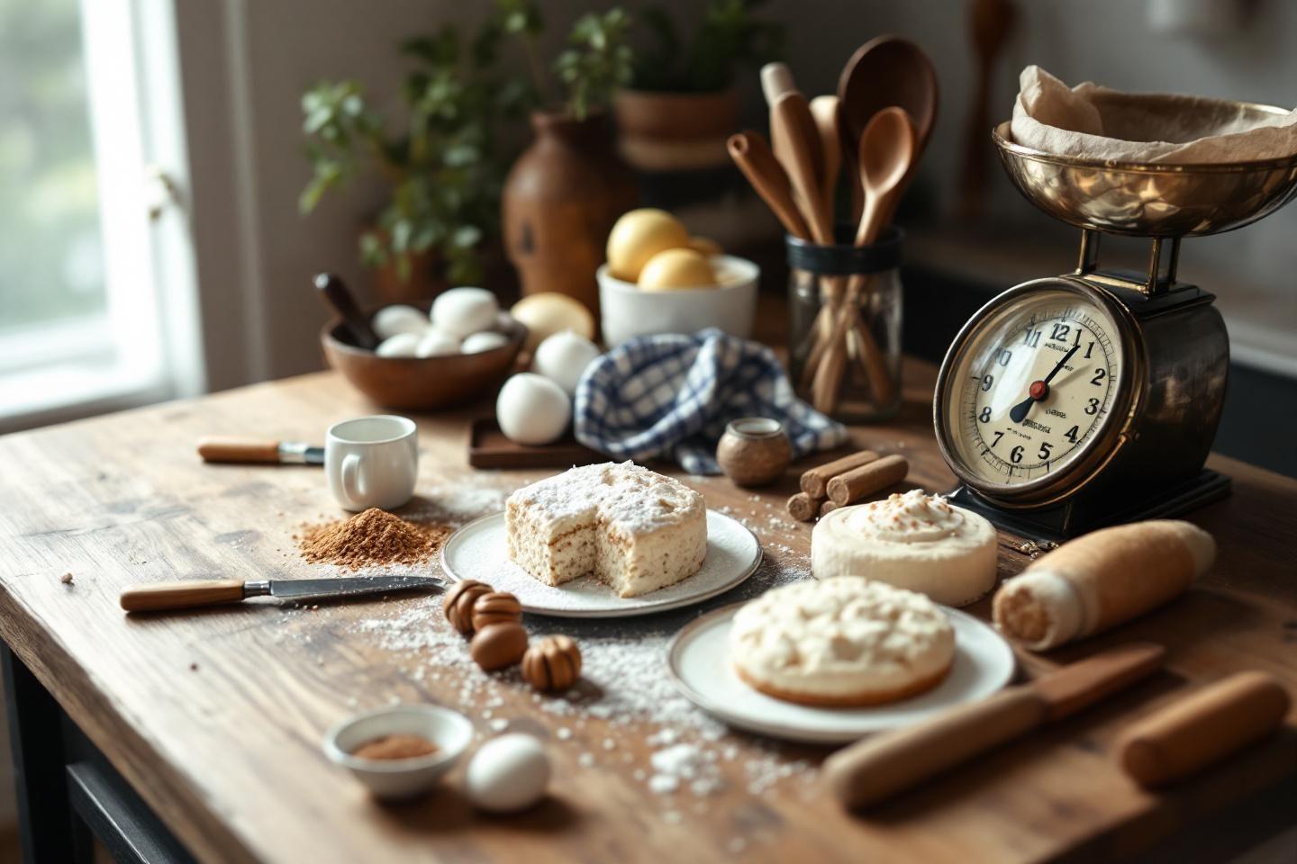 Table de cuisine avec ingr&eacute;dients, p&acirc;tisseries et horloge vintage
