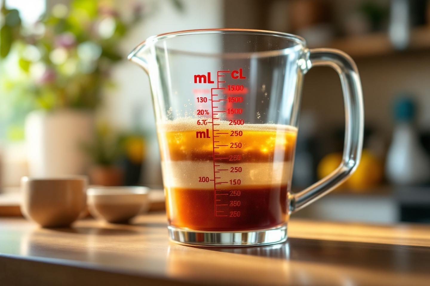 Gros plan sur un verre doseur avec liquide orang&eacute;