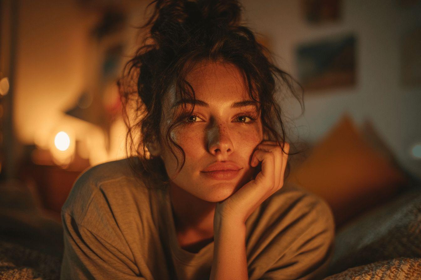 Femme pensive, lumière douce, regard songeur