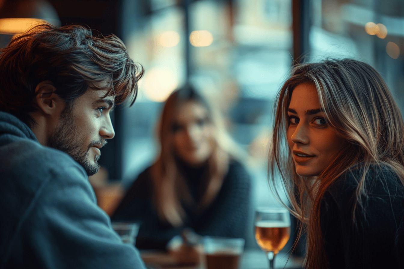 Deux personnes discutant autour d'un verre, ambiance feutr&eacute;e