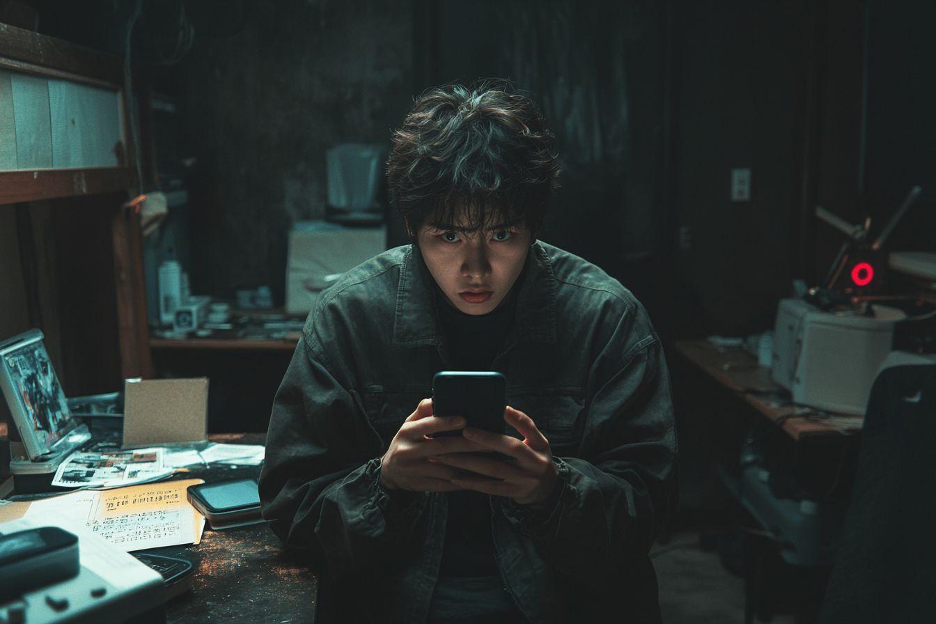 Personne dans un environnement sombre fixant intens&eacute;ment un t&eacute;l&eacute;phone