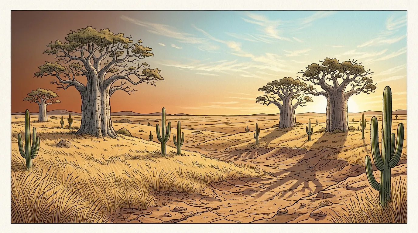 Paysage désertique avec baobabs, cactus et savane aride