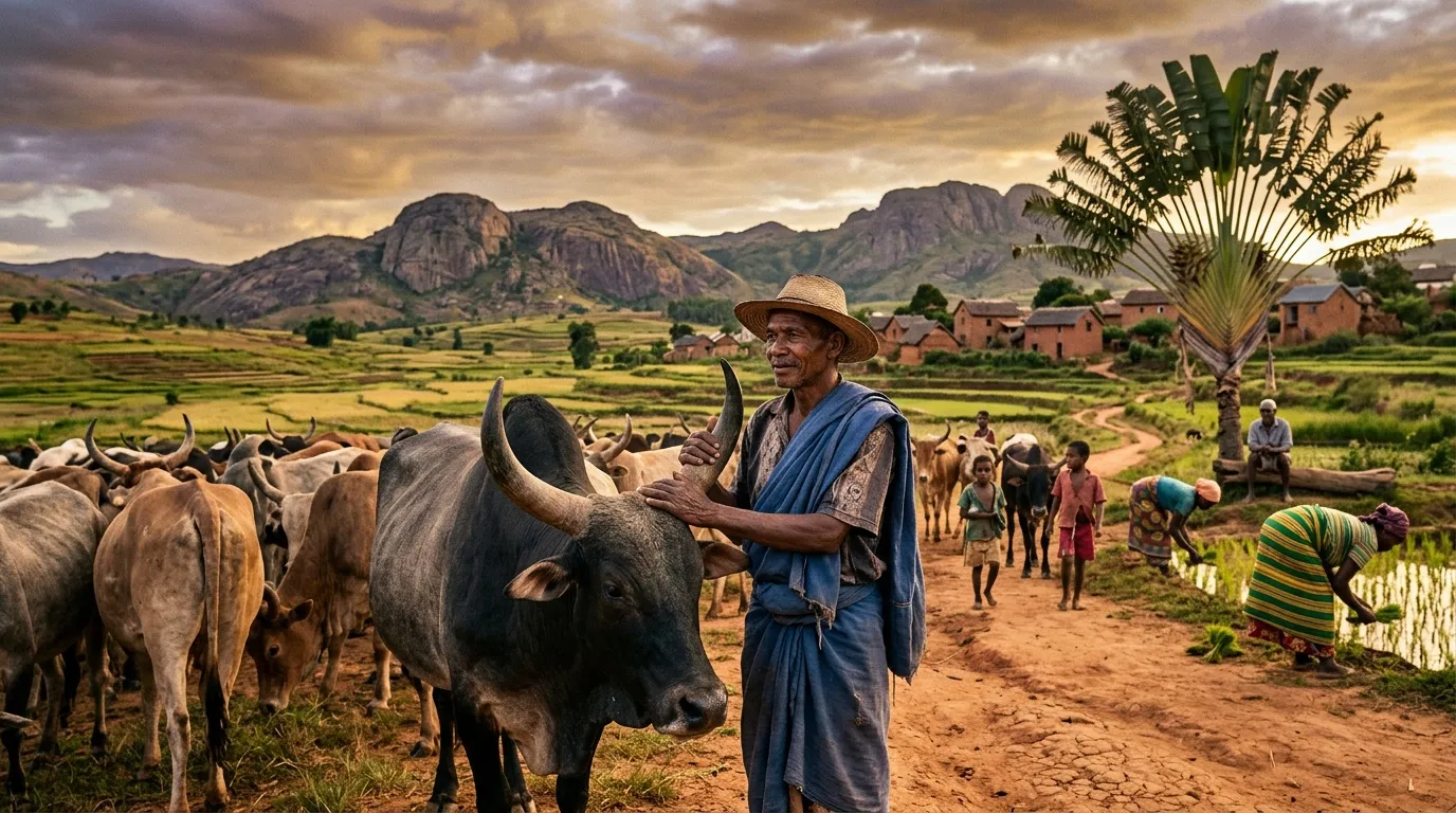 Fermier avec bovins dans paysage montagneux rural africain