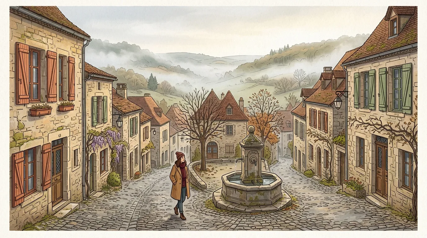 Femme marchant dans un village ancien entouré de montagnes brumeuses