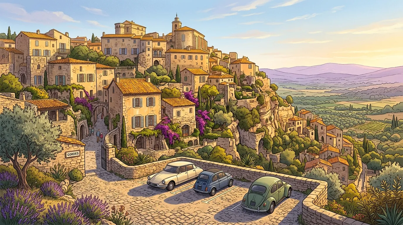 Village médiéval italien avec voitures anciennes garées