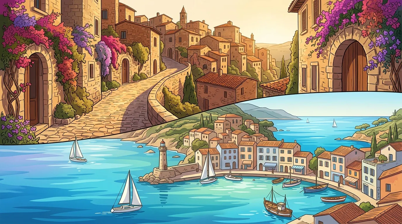 Illustration village méditerranéen avec port, fleurs violettes et bateaux