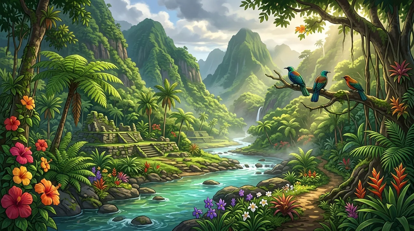 Jungle verdoyante avec rivière turquoise et montagnes majestueuses