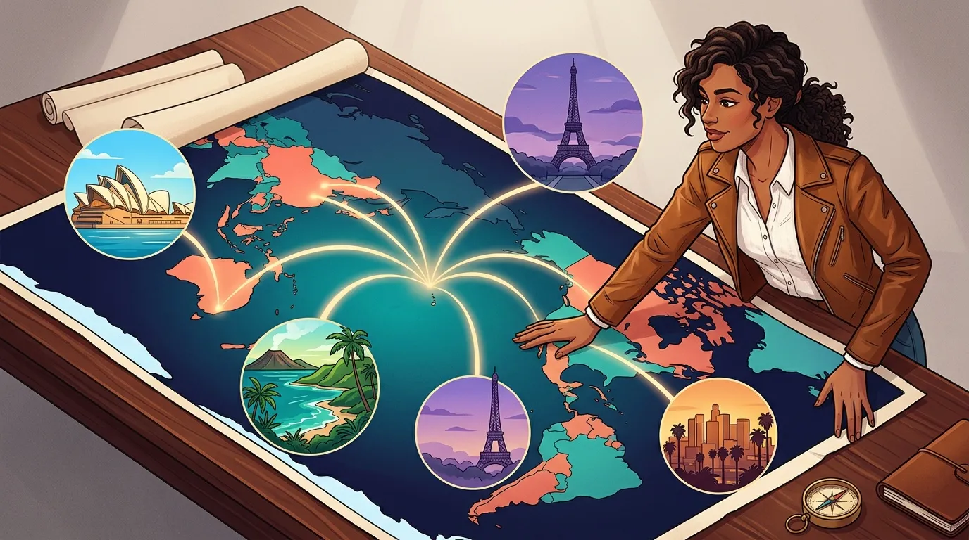 Femme planifiant ses destinations de voyage sur une carte mondiale