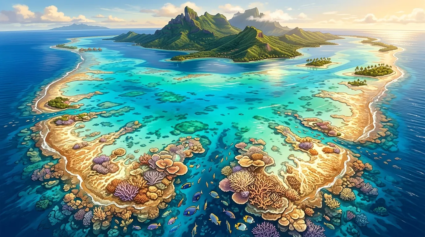 Vue aérienne d'îles tropicales et récif corallien coloré