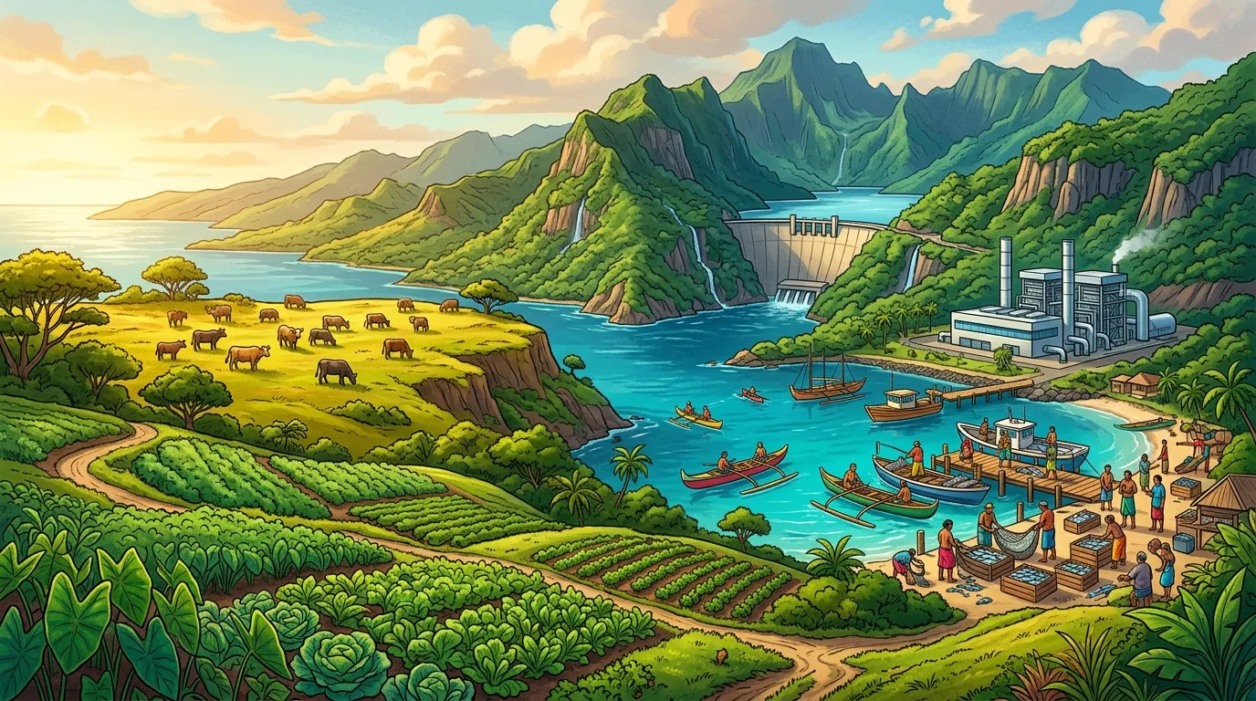 Vallée côtière avec agriculture, pêche, élevage et industrie hydroélectrique.