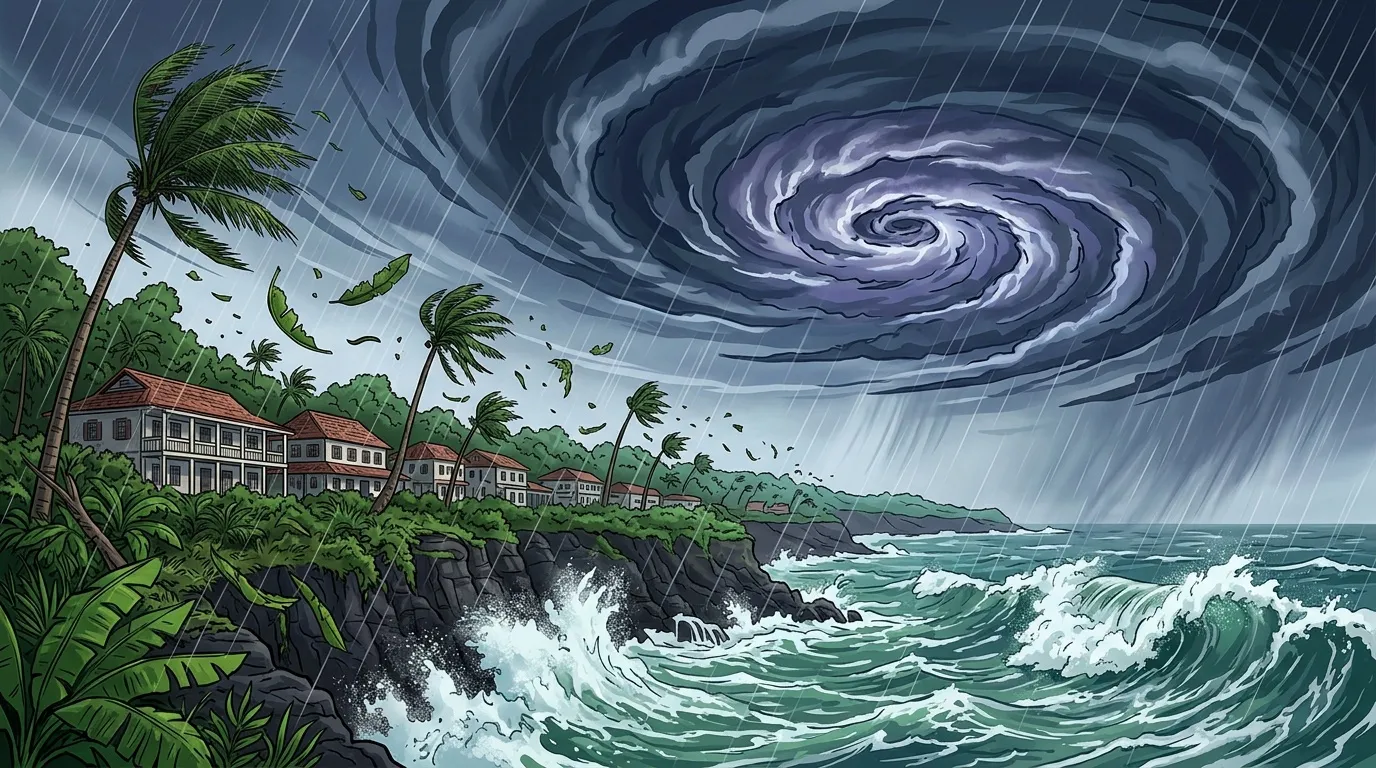 Village côtier menacé par cyclone violent et vagues déferlantes