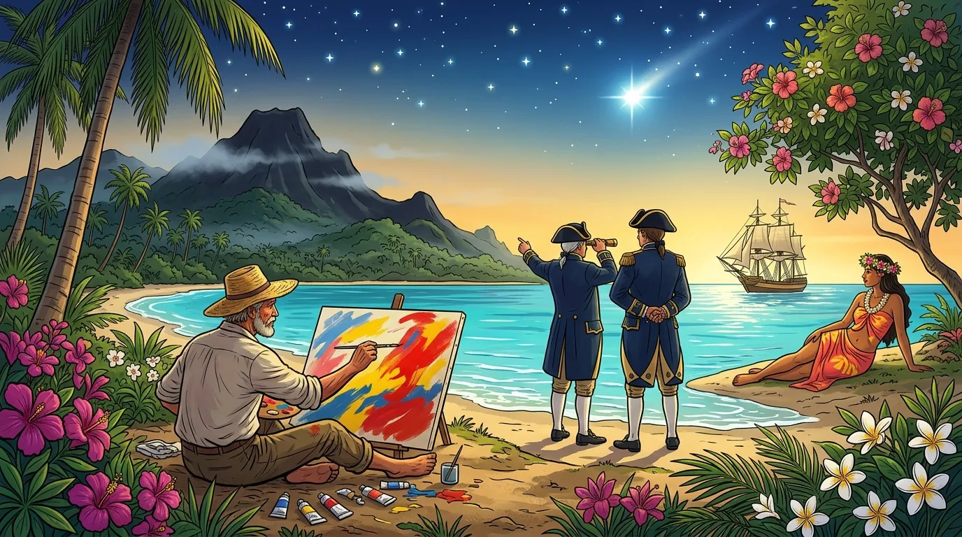 Artiste peignant face à officiers militaires sur plage tropicale.