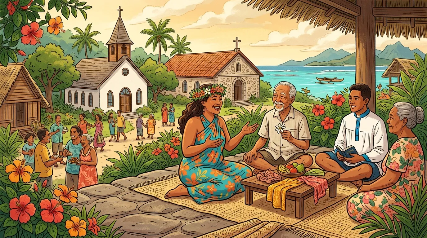 Femme partageant l'Évangile avec hommes près église tropicale