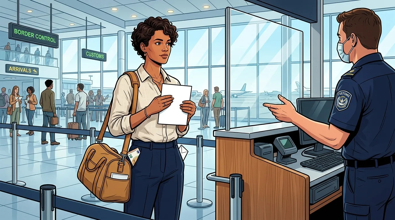 Femme pr&eacute;sentant documents &agrave; agent douanier &agrave; l'a&eacute;roport