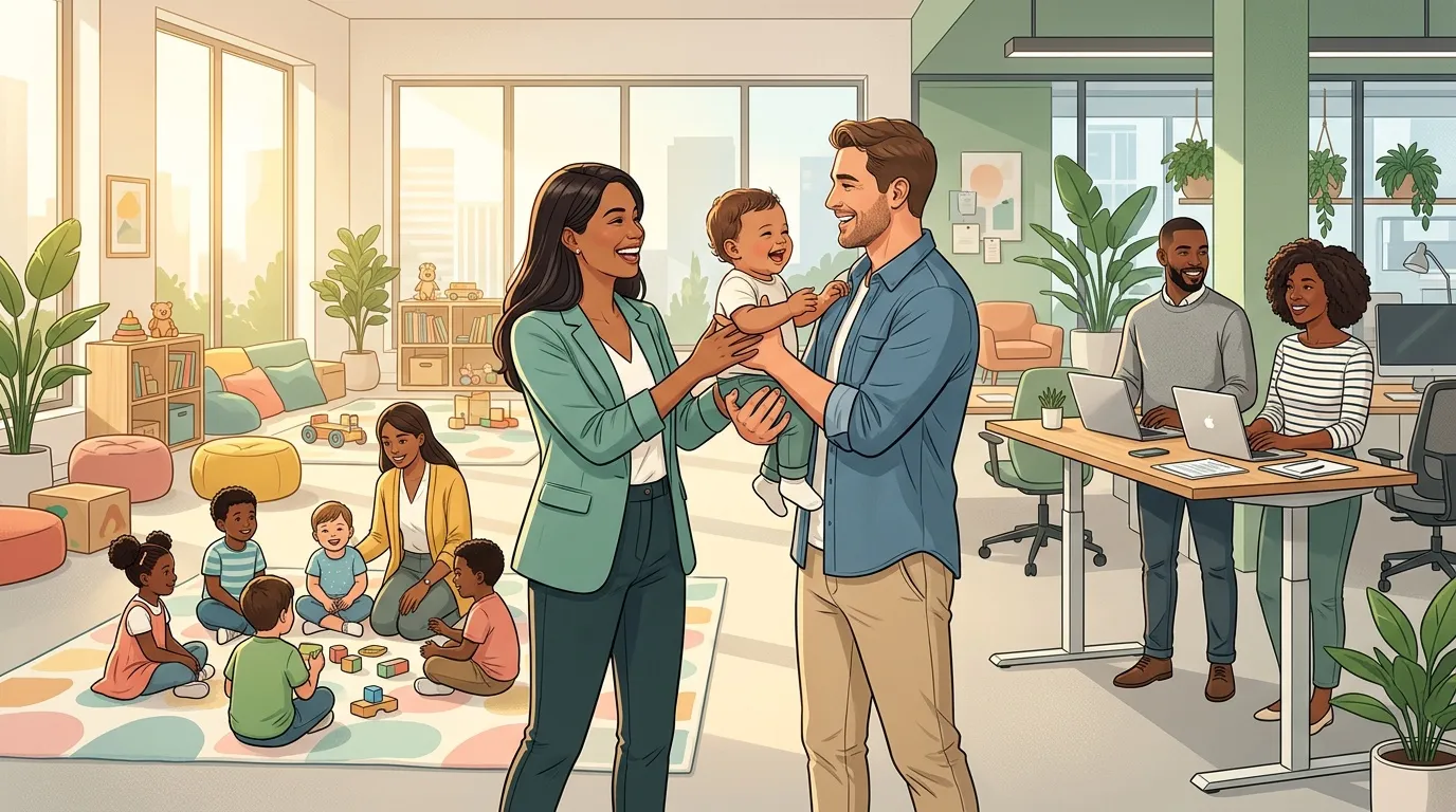 Bureau contemporain avec cr&egrave;che et employ&eacute;s heureux travaillant ensemble