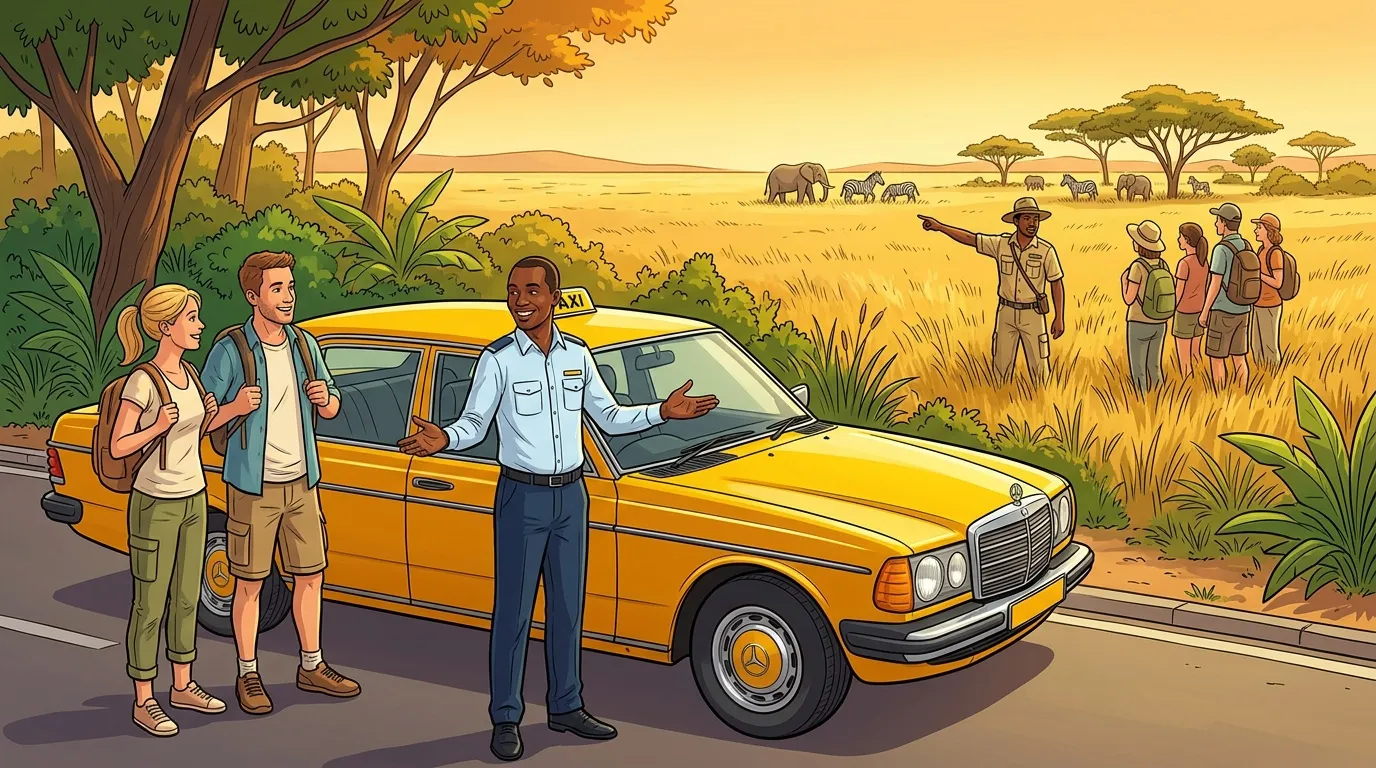 Chauffeur de taxi accueille touristes pour safari africain