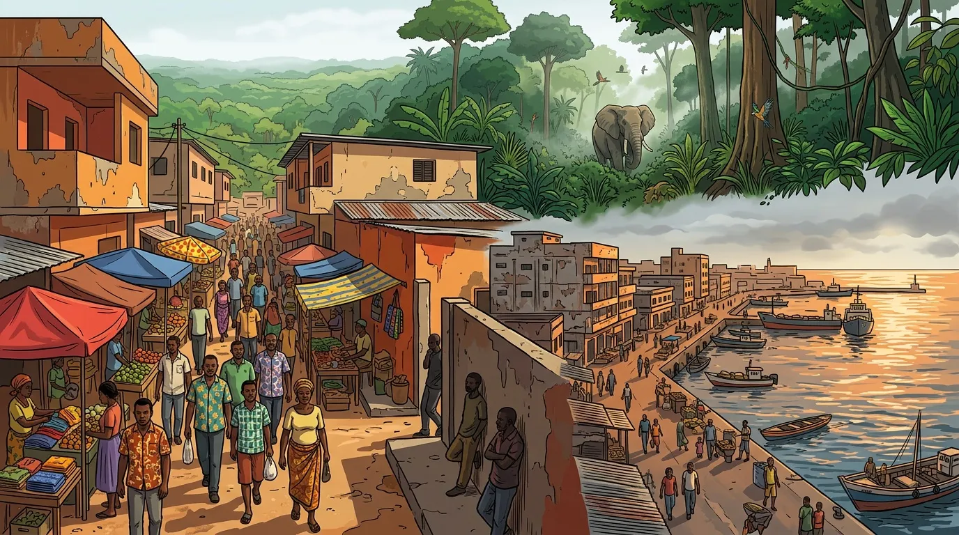 March&eacute; anim&eacute; en bord de mer africain avec for&ecirc;t tropicale