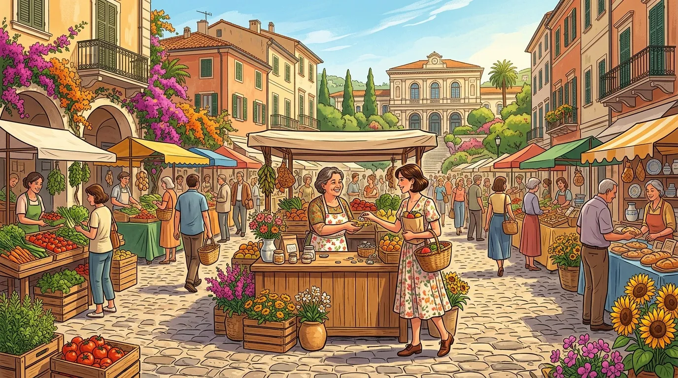 March&eacute; color&eacute; avec vendeurs, clients et fleurs color&eacute;es