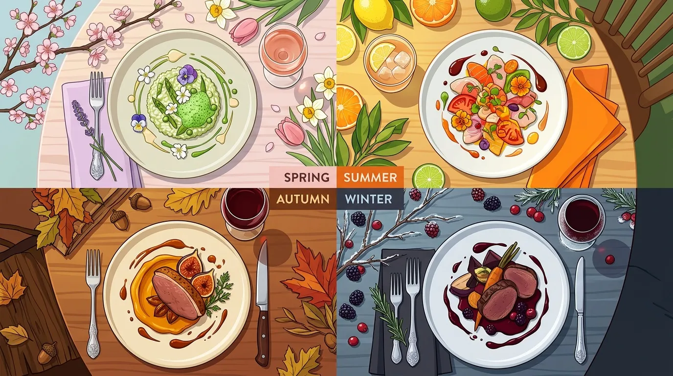 Quatre assiettes repr&eacute;sentant les plats typiques de chaque saison