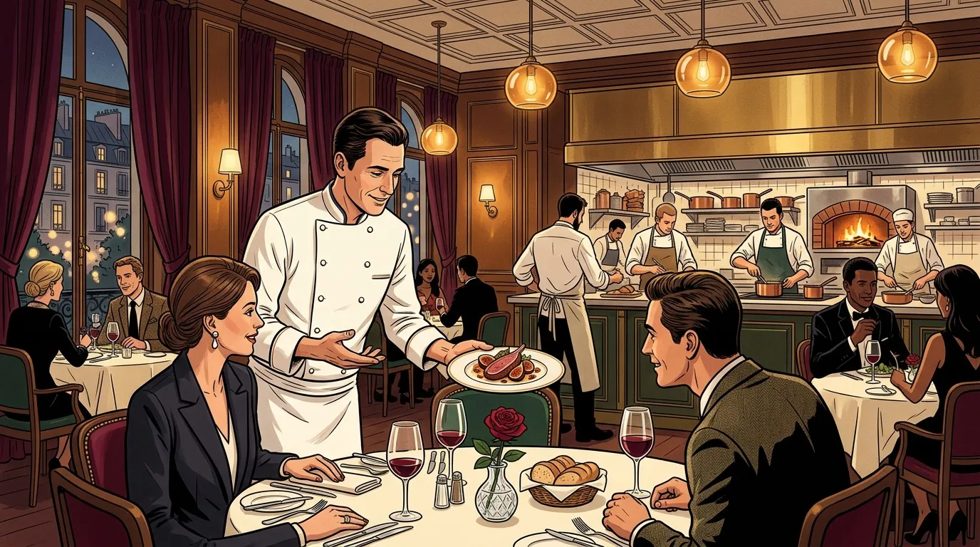 Chef servant un plat &agrave; une cliente dans un restaurant haut de gamme