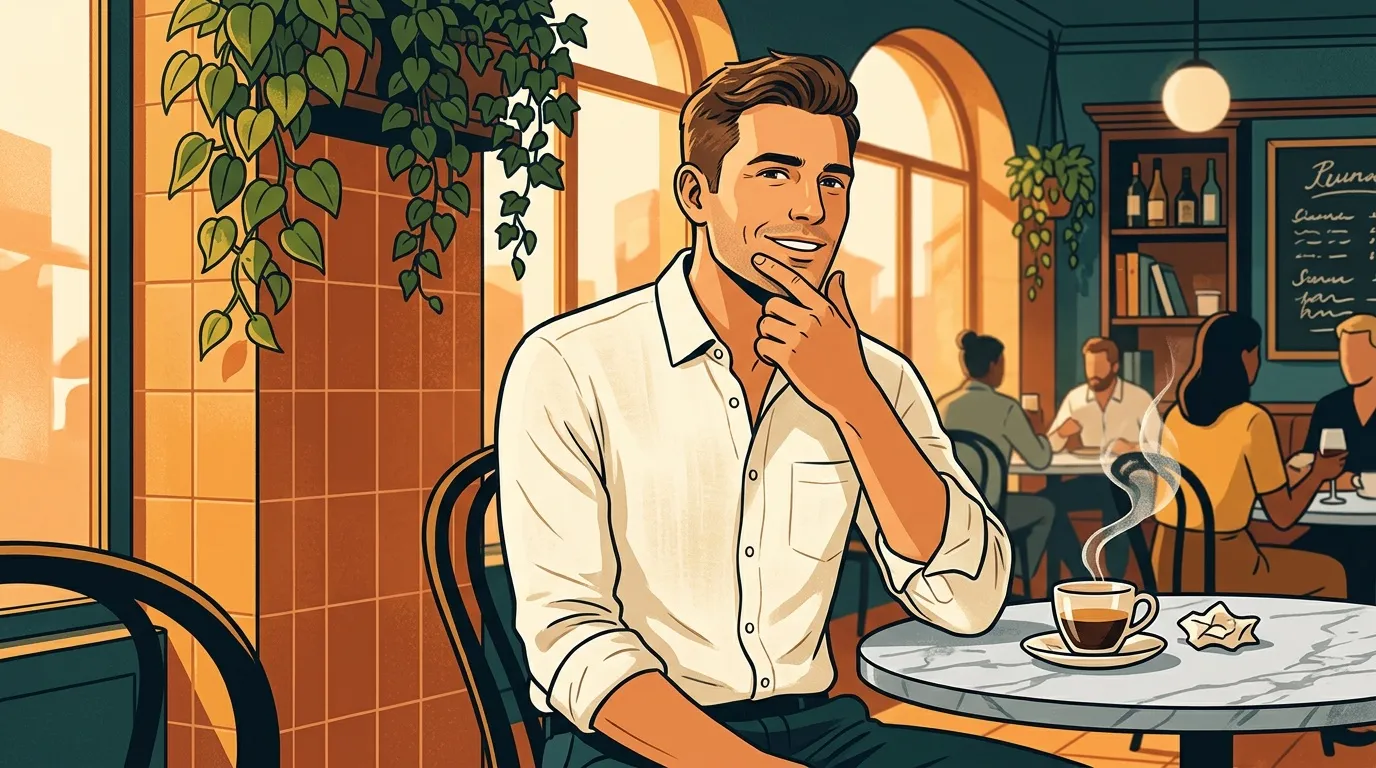 Homme en chemise blanche pensif dans café cosy