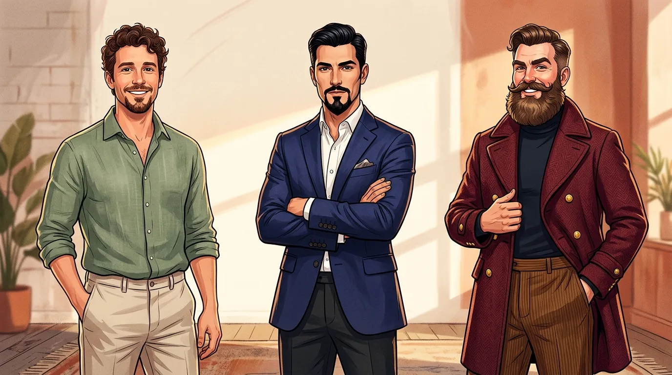 Trois hommes portant des tenues élégantes et modernes distinctes