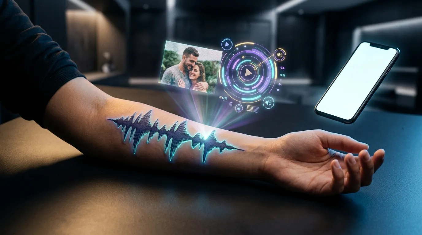 Main avec ondes sonores holographiques et smartphone