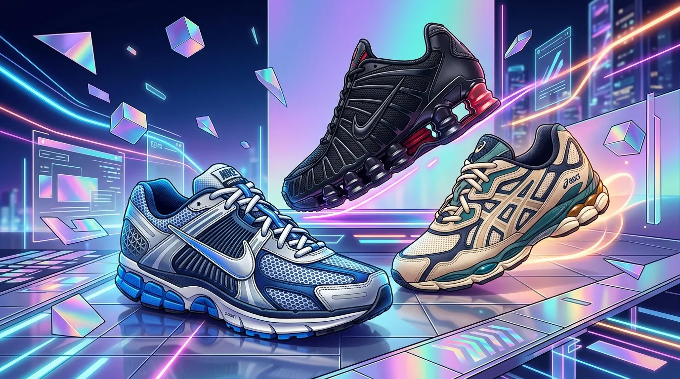 Trois chaussures de sport colorées dans un environnement cyberpunk luminescent
