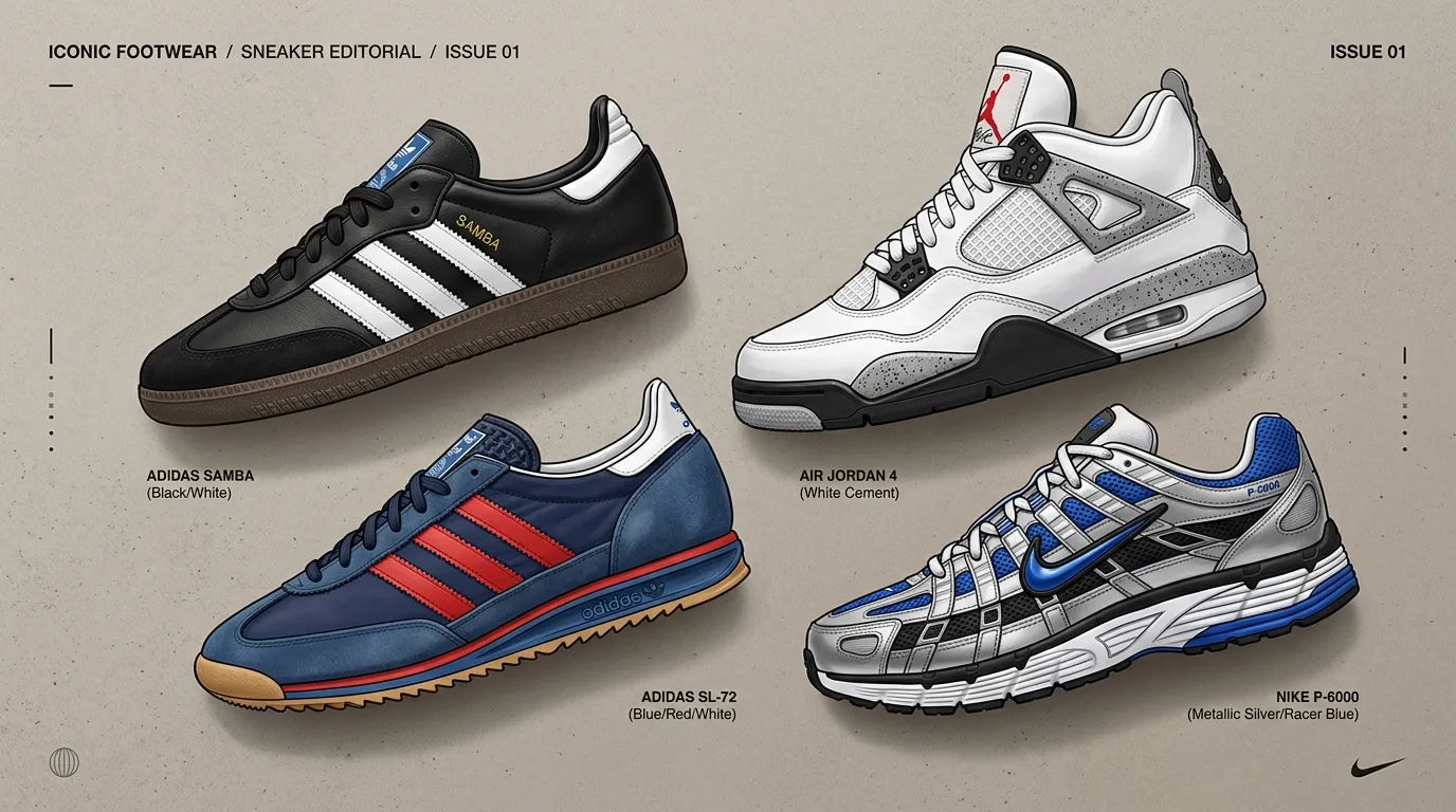 Quatre sneakers iconiques : Adidas Samba, Air Jordan 4, Adidas SL-72, Nike P-6000