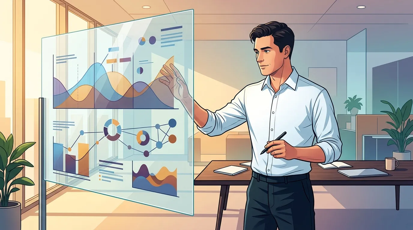 Homme analysant des graphiques et statistiques professionnelles