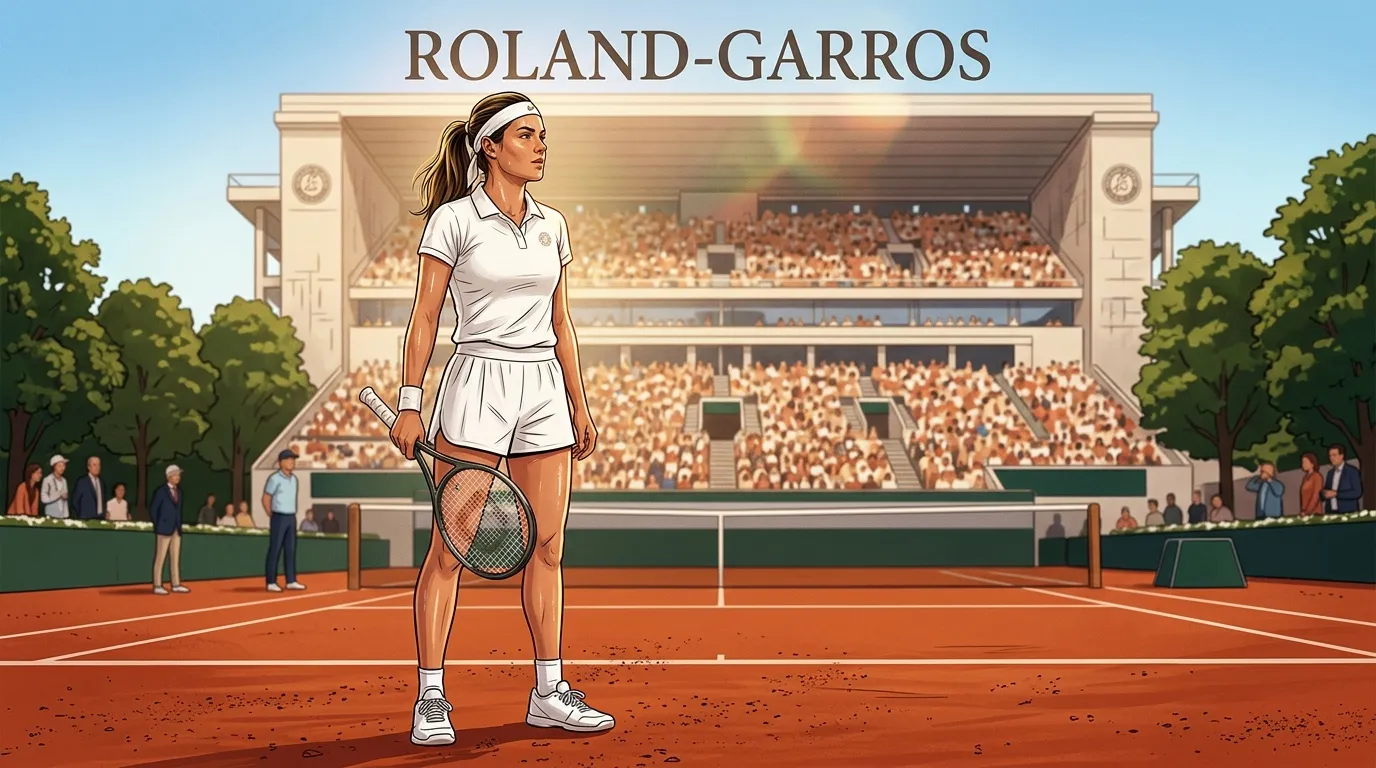 Joueuse de tennis sur court de Roland-Garros avec raquette