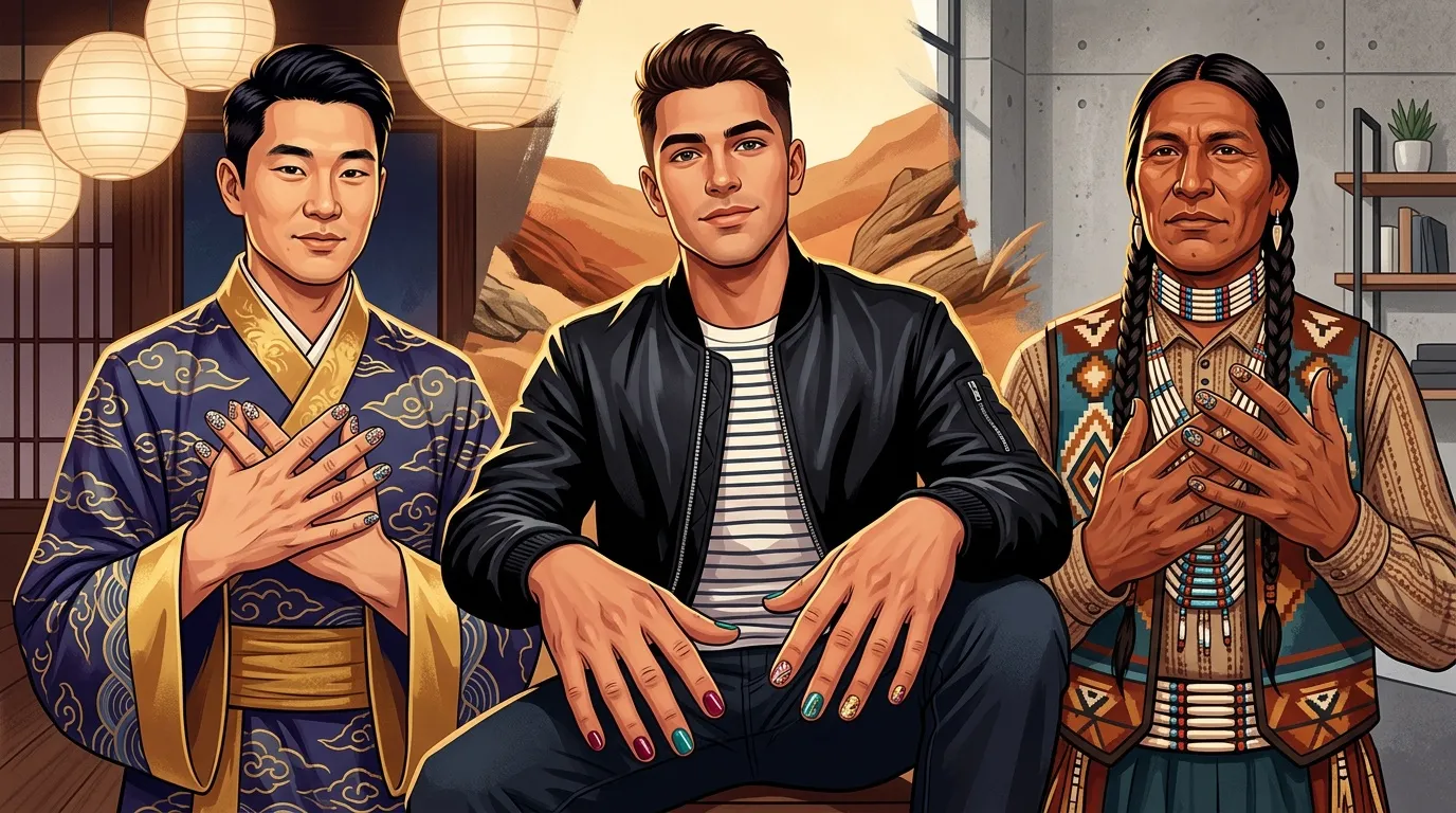 Portrait de trois hommes vêtus de tenues traditionnelles et modernes.