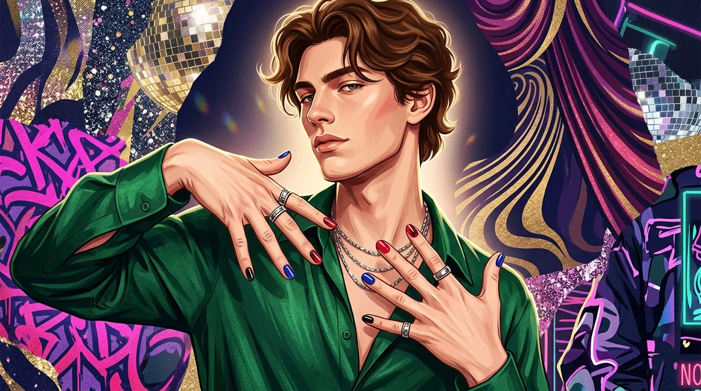 Jeune homme en veste verte avec bijoux, fond néon disco