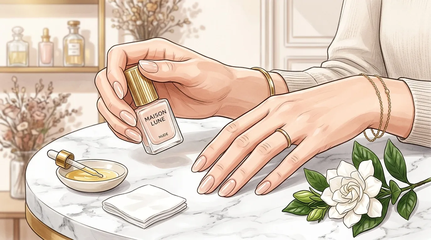 Femme appliquant du parfum sur son poignet à sa coiffeuse