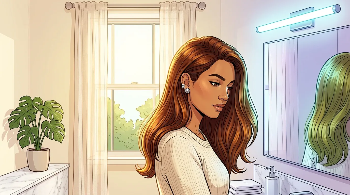 Femme aux cheveux roux dans une salle de bain élégante