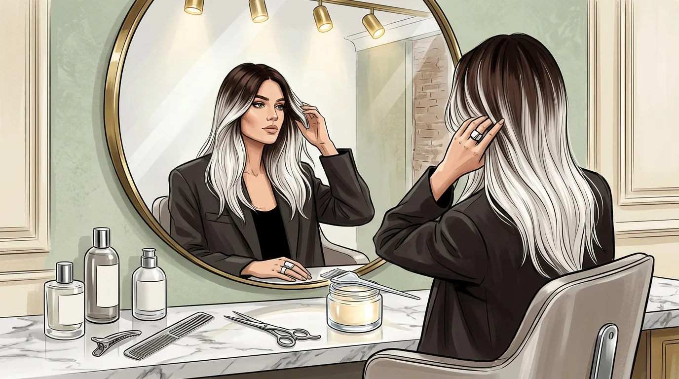 Femme en blazer noir se regardant dans un miroir rond doré