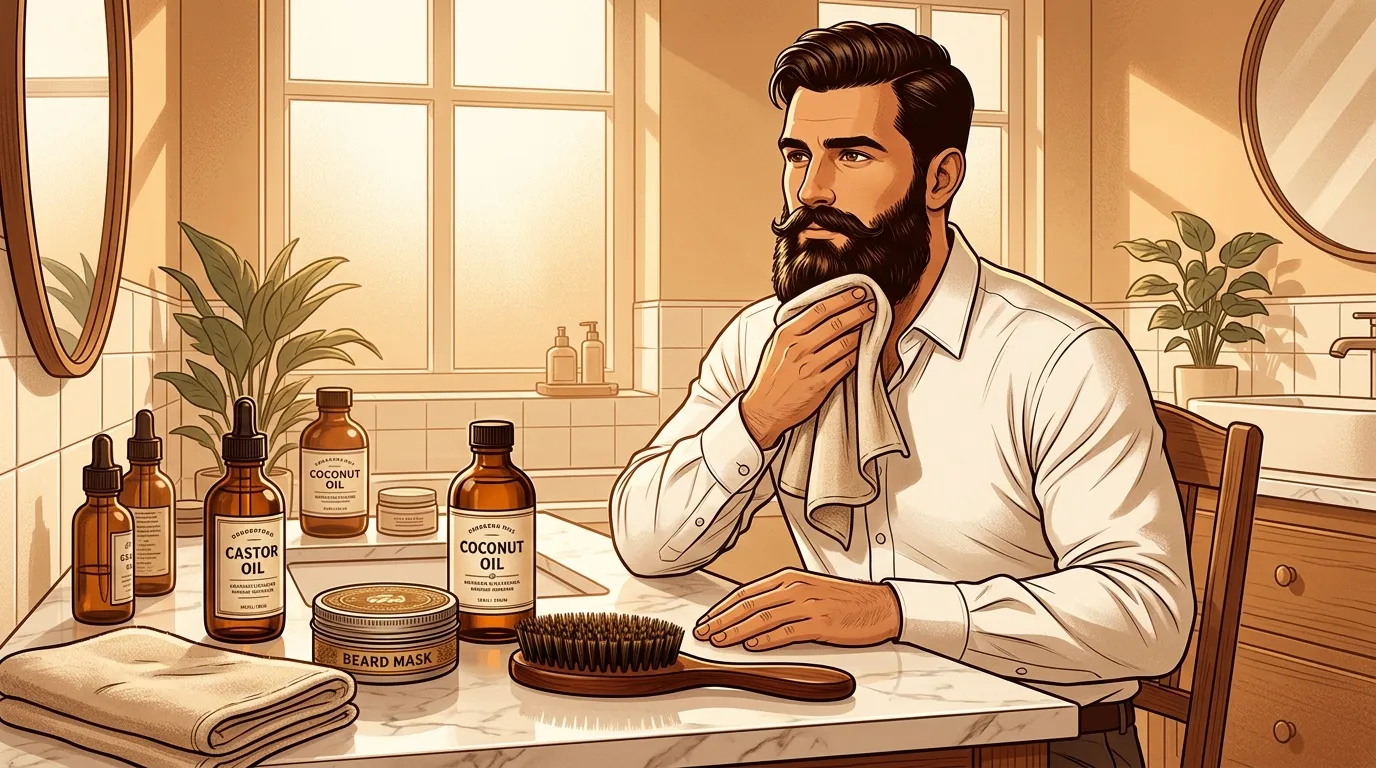 Homme appliquant produits soins barbe à domicile