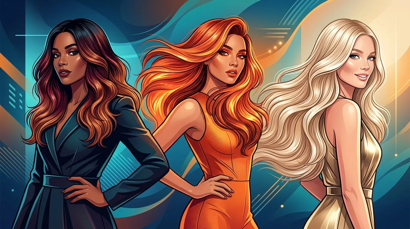 Illustration de trois femmes avec cheveux longs colorés et robes élégantes