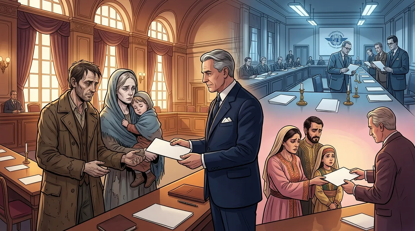 Officials distributing documents to refugee families in courtroom