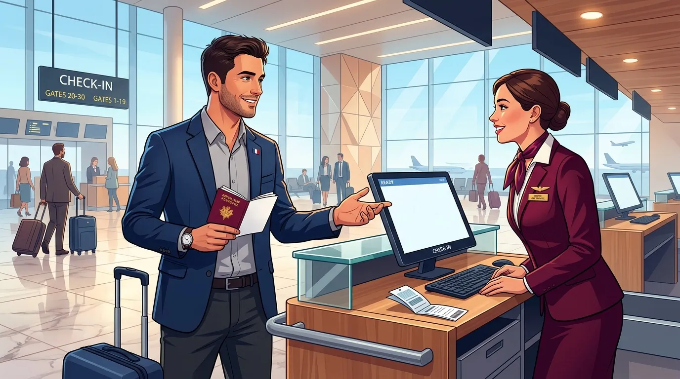 Passager présentant son passeport à l'agent d'enregistrement aéroport