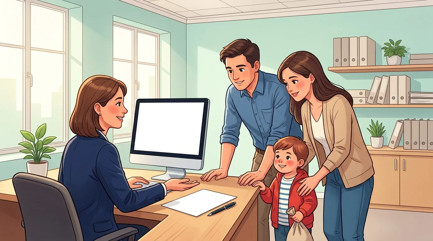 Famille rencontrant une femme professionnelle à son bureau