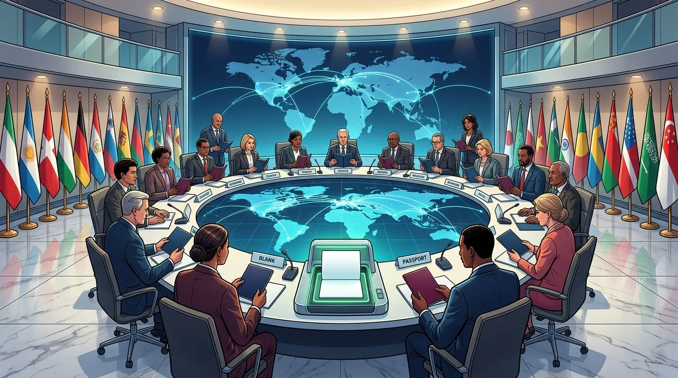 Réunion diplomatique multinationale autour table avec carte mondiale