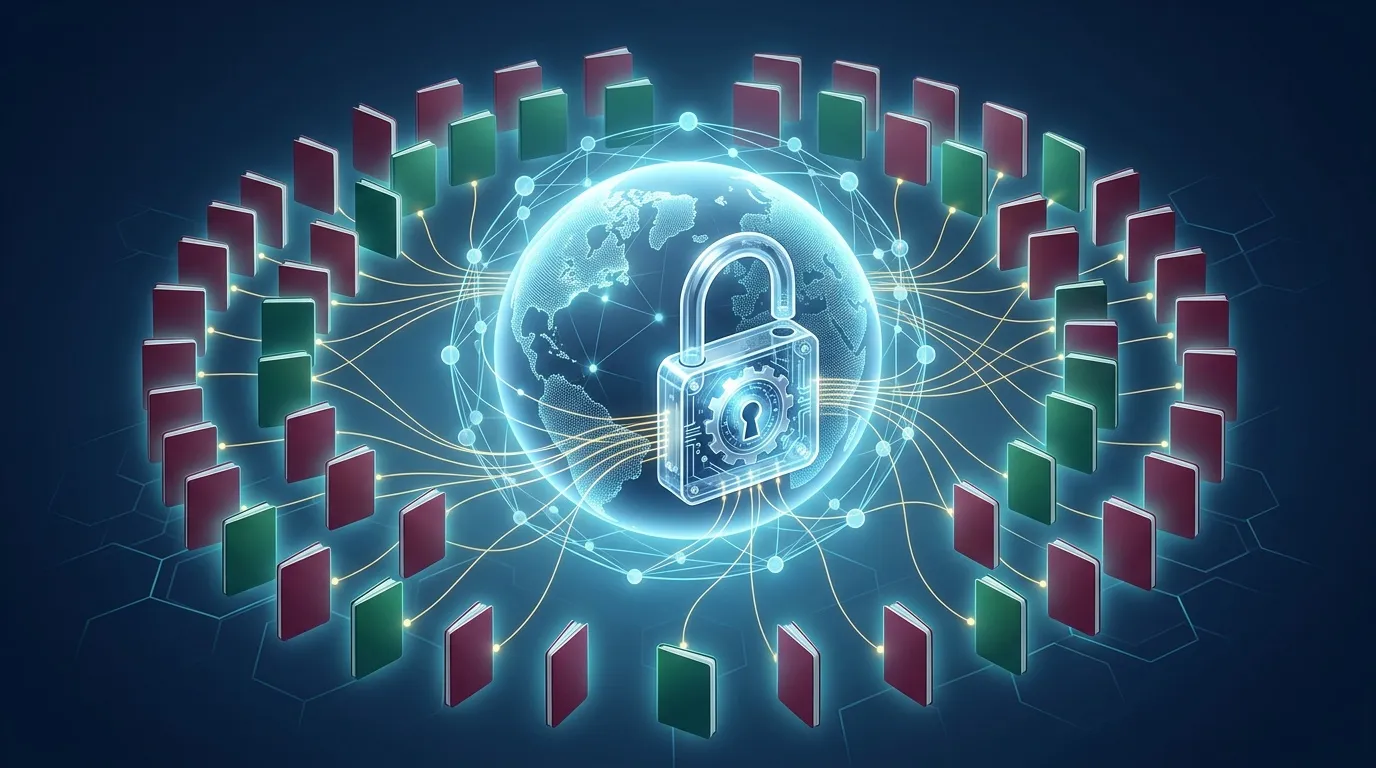 Globe terrestre protégé par cadenas numérique et serveurs.
