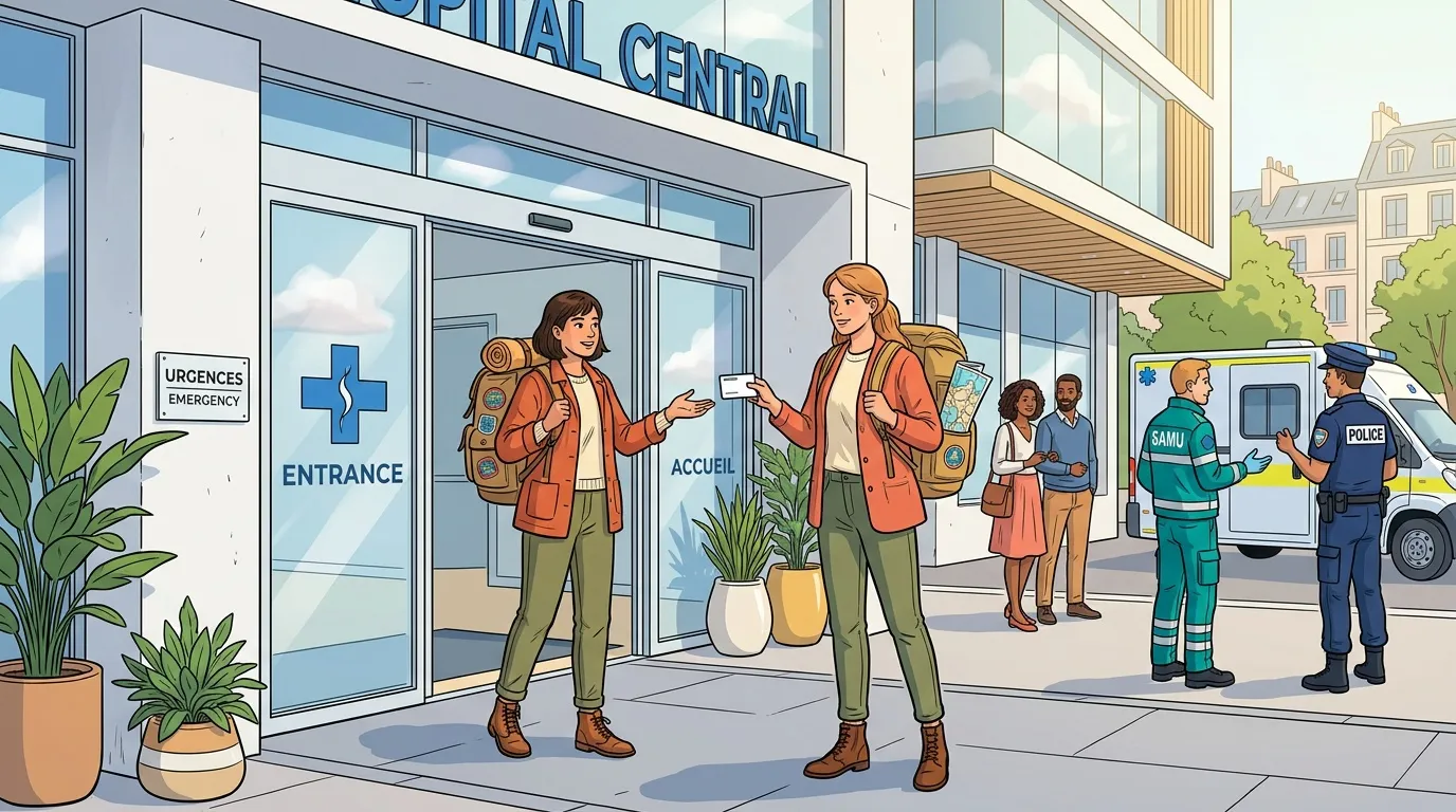 Deux femmes avec sacs à dos devant un hôpital urbain.