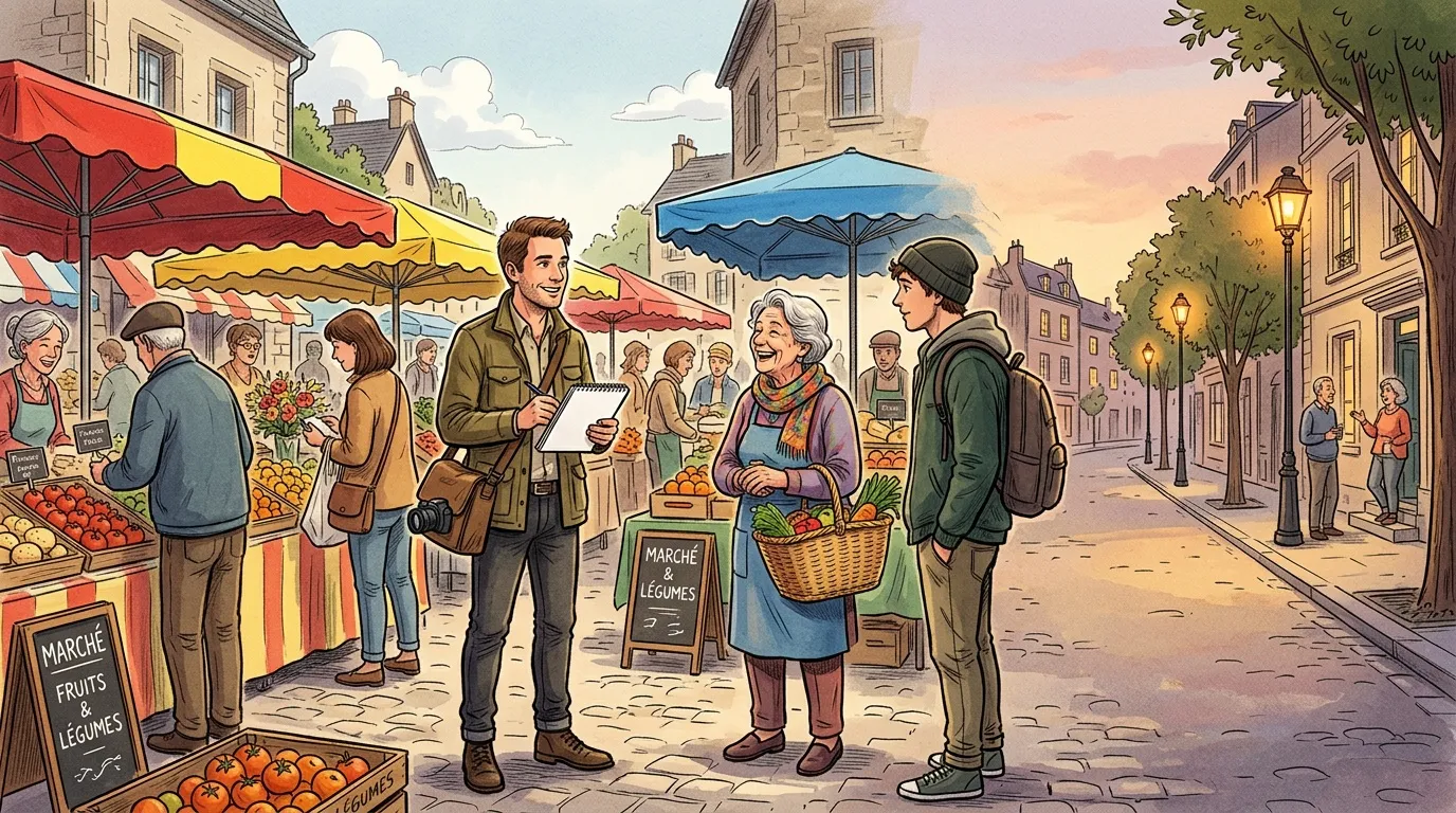 Homme interviewe vendeurs au marché public coloré