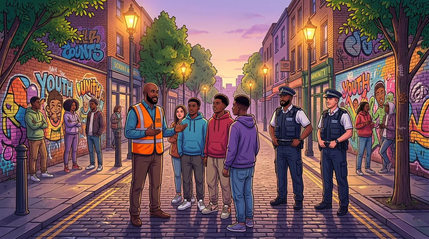 Agent municipal dialogue avec jeunes dans rue colorée