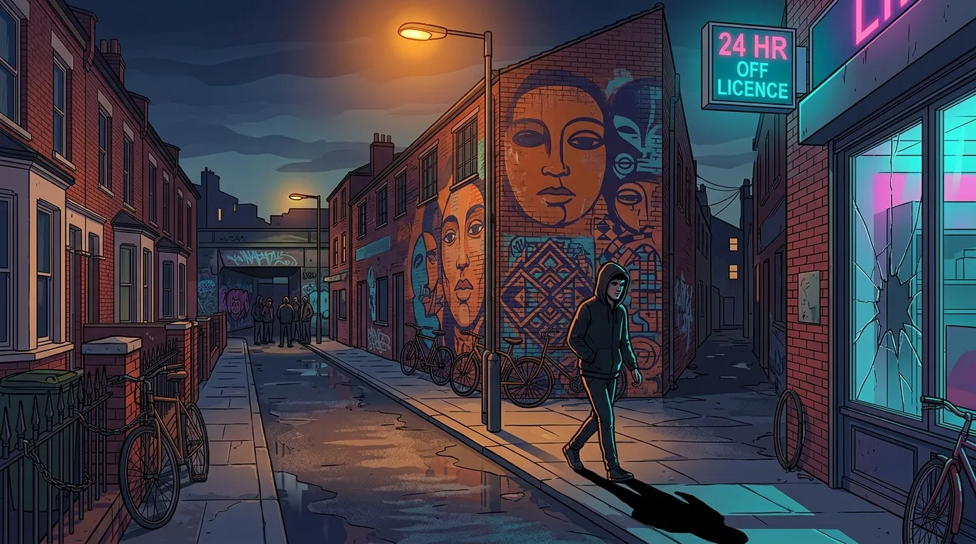 Ruelle urbaine nocturne avec fresques murales colorées et cycliste