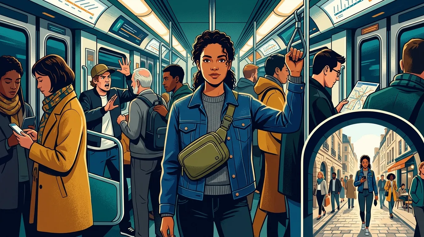Femme dans métro bondé, passagers divers, sortie vers rue