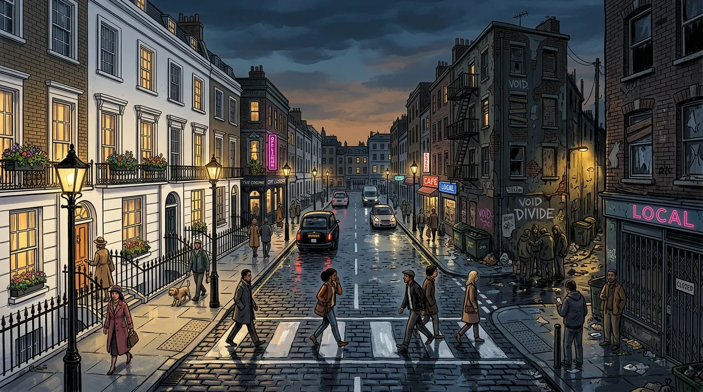 Illustration d'une rue pavée urbaine au coucher de soleil avec piétons